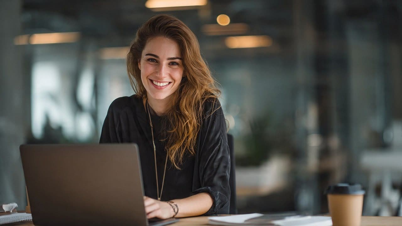 Eine Designerin lächelt an ihrem Laptop